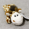 A white and brown giraffe plush toy with a gray and brown tuft of fur.