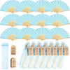 Elegant paper hand fans in light blue and white striped patterns with accompanying gift bags and thank you cards