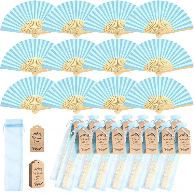 Elegant paper hand fans in light blue and white striped patterns with accompanying gift bags and thank you cards