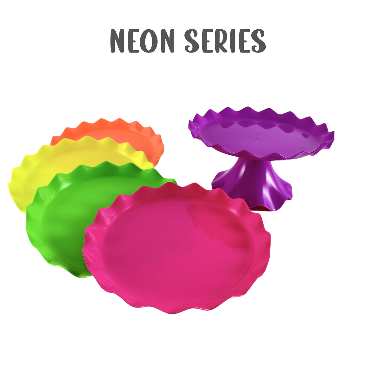 A collection of neon colored plastic cake stands, including orange, yellow, green, and pink.