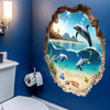 A mural of a dolphin jumping out of the water framed by a broken wall effect sticker on a blue wall.