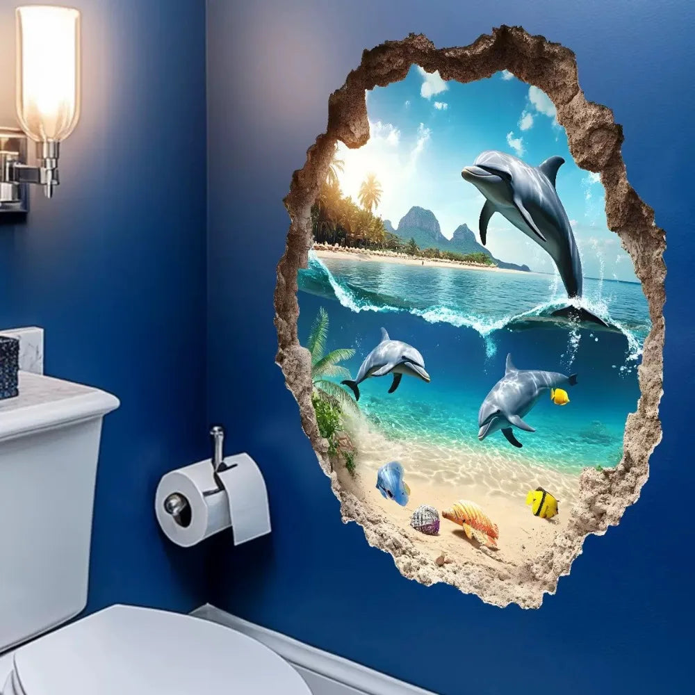 A mural of a dolphin jumping out of the water framed by a broken wall effect sticker on a blue wall.