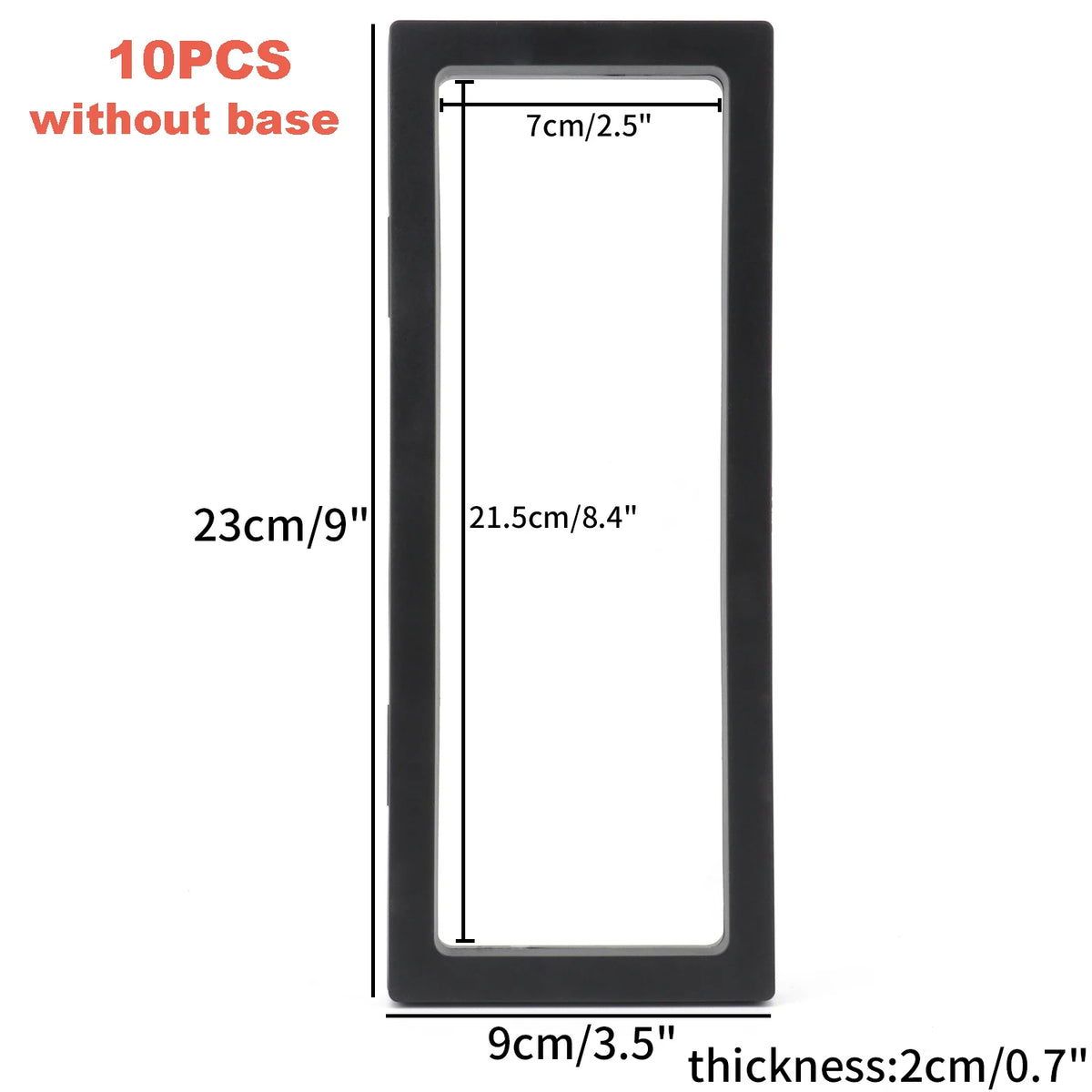 Black floating shadow box jewelry display frame without base, measuring 7cm wide and 23cm high.