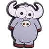 A gray cartoon dinosaur PVC shoe charm with large eyes and horns.