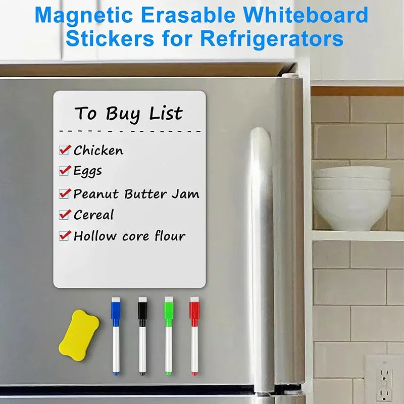 Magnetic erasable whiteboard stickers on a refrigerator showing a to buy list with items like chicken eggs and flour