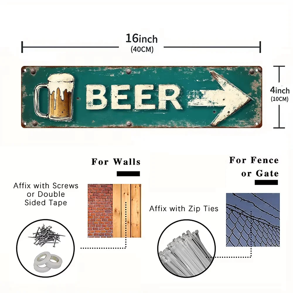 Vintage metal beer sign with an arrow, measuring 16 inches long, for wall or fence decor.