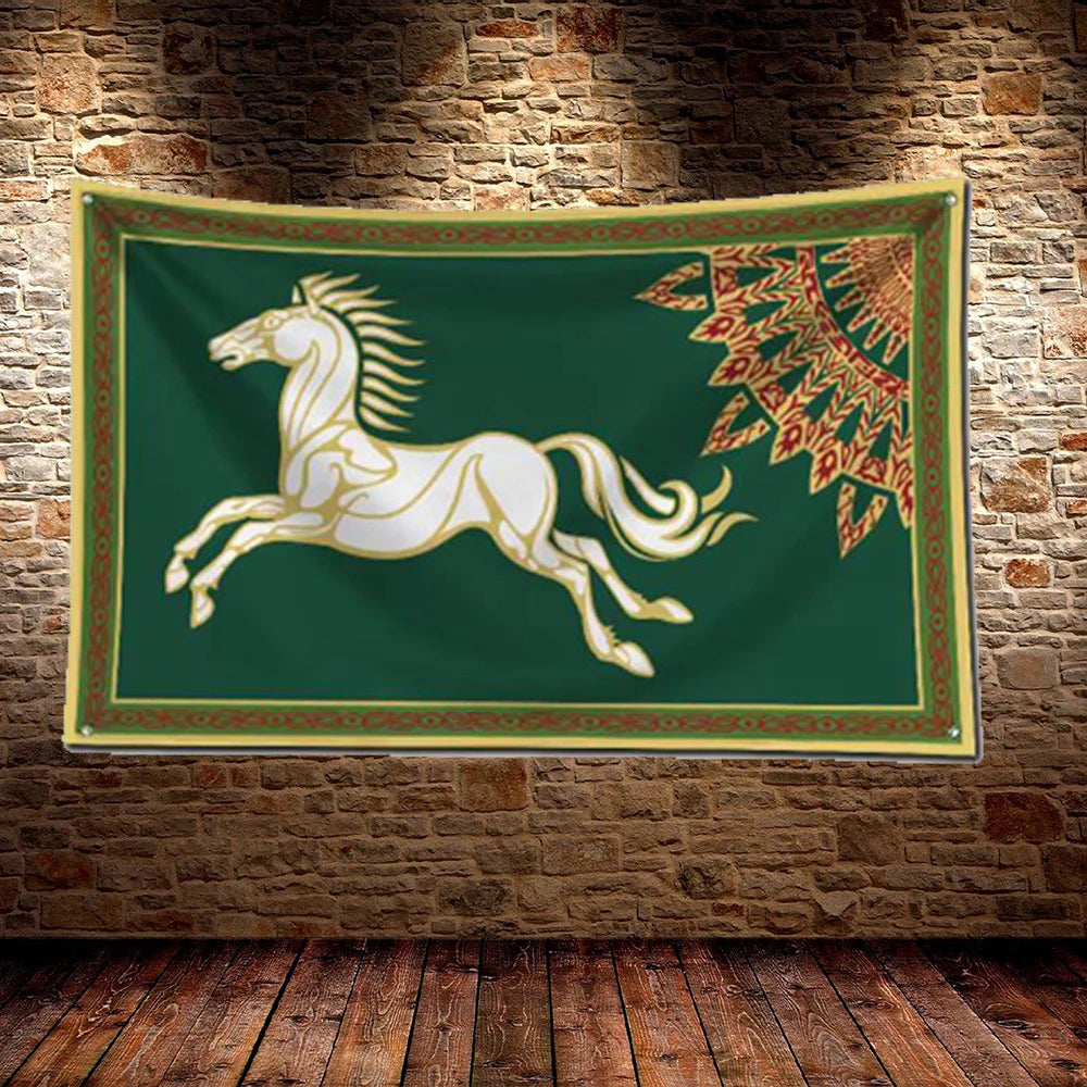 A tapestry wall hanging featuring a white horse silhouette on a dark green flag with gold and reddish decorative borders.