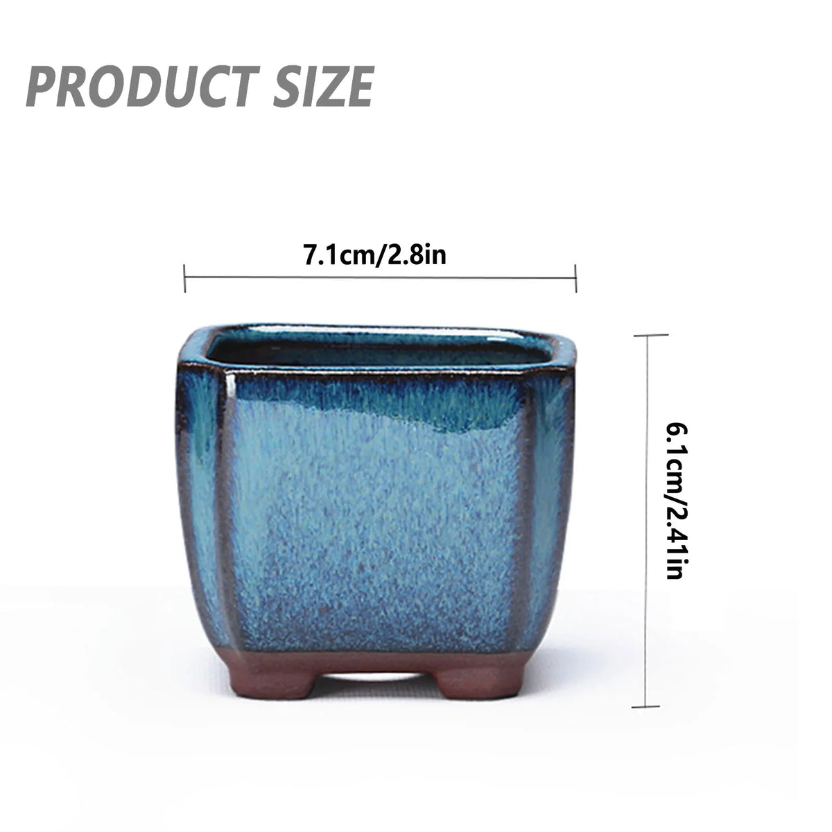 Maceta de suculenta con esmalte azul de cerámica, dimensiones 7.1cm/2.8in y altura de 6.1cm/2.41in.