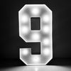 A glowing white marquee number sign shaped like the numeral 9 displayed against a dark background.