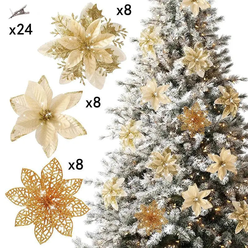 A collection of eight glittered artificial flowers in various sizes and gold tones displayed next to a decorated Christmas tr