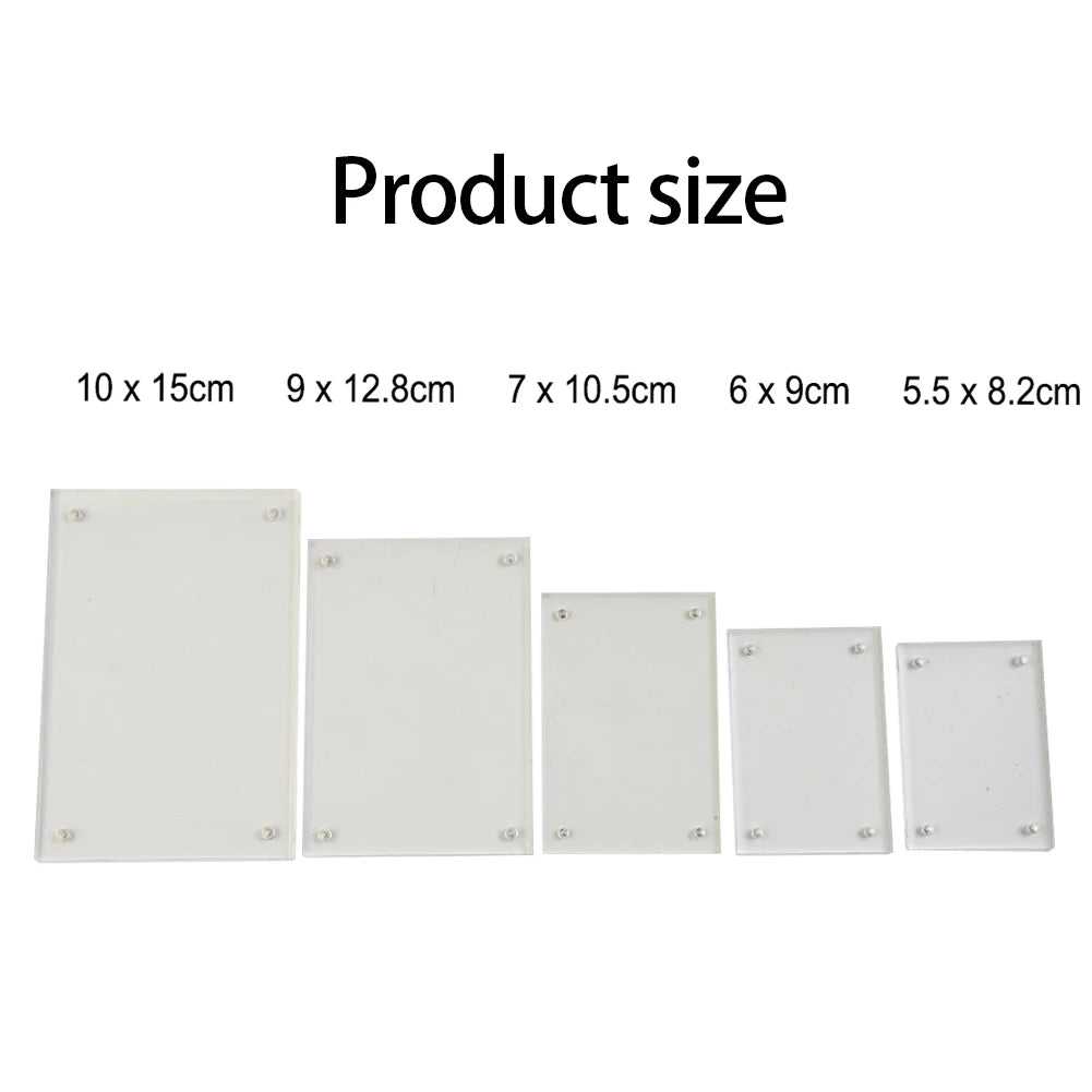 A row of white acrylic magnetic photo frames showing various sizes and dimensions.