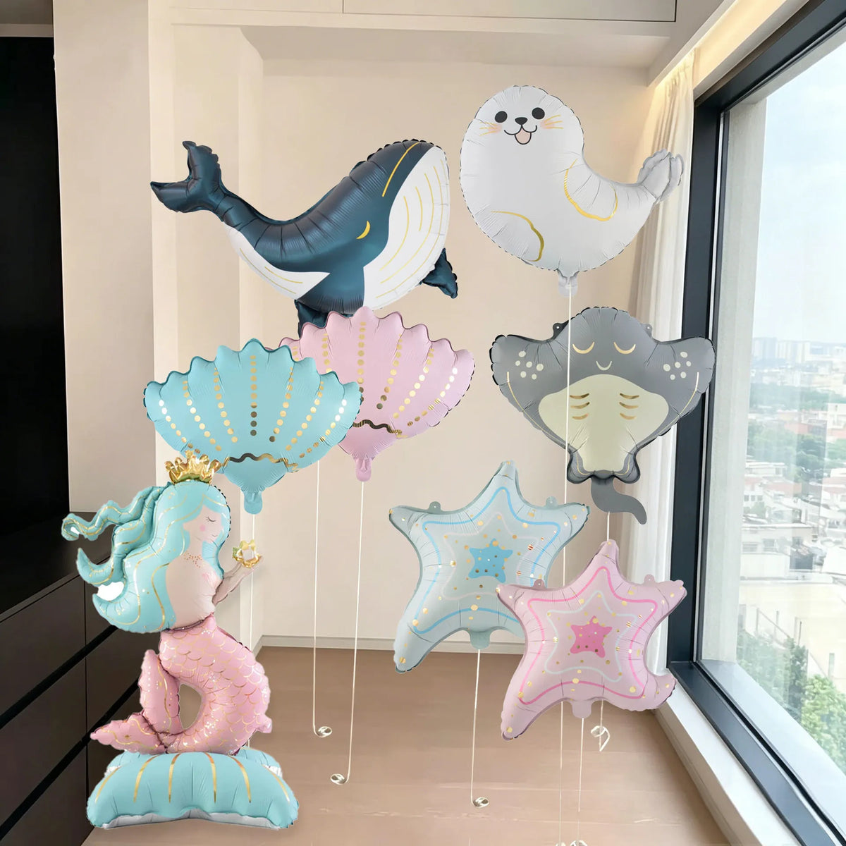 Ocean-Themed Foil Balloon Set with Starfish, Shells & Jellyfish