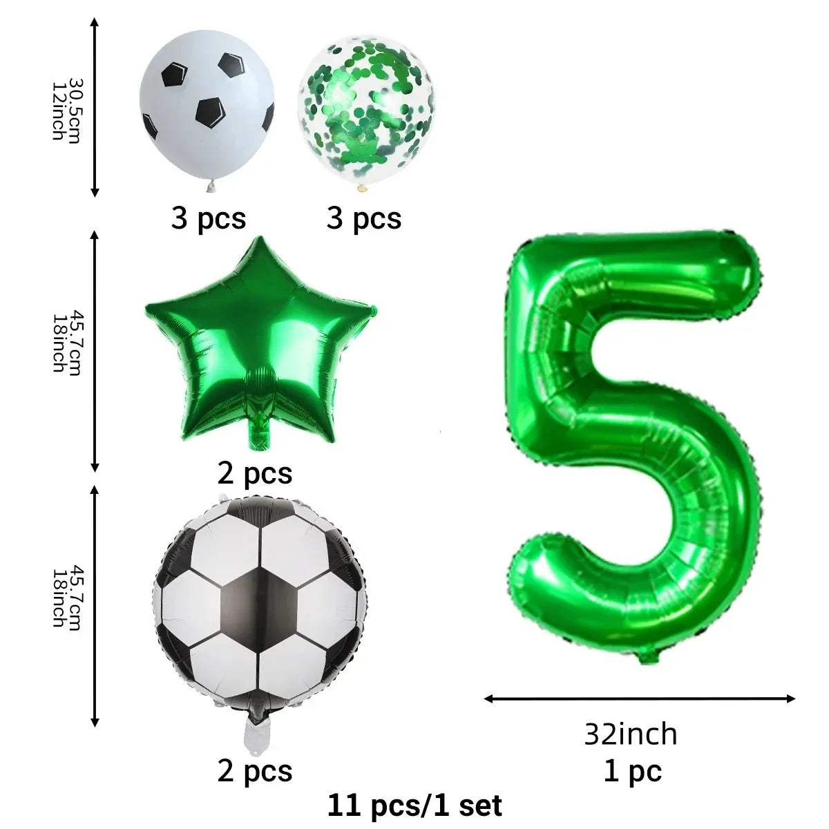 A set of green and silver balloons, including a star-shaped balloon and a large number five balloon.