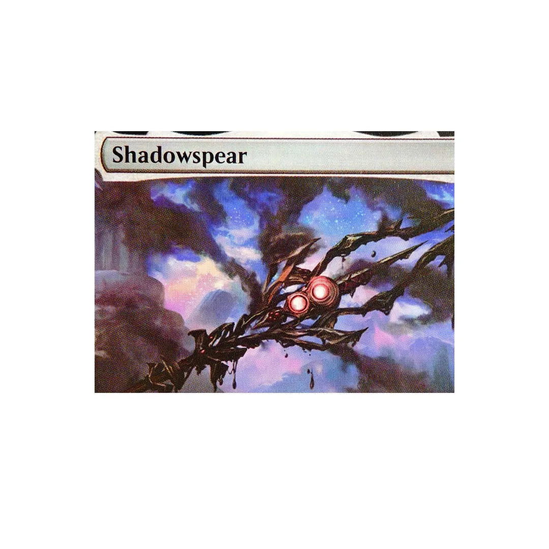 A Magic: The Gathering card named Shadowspear featuring a dark, thorny branch with glowing red eyes against a purple and blue