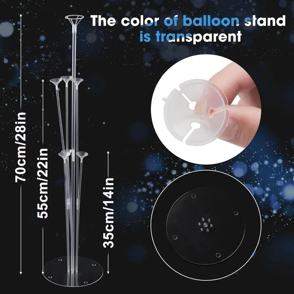 Un ensemble de supports pour ballons transparents, comprenant une tige haute et une base circulaire.