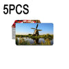 Five blank sublimation magnets are displayed next to a water scene featuring an old windmill.