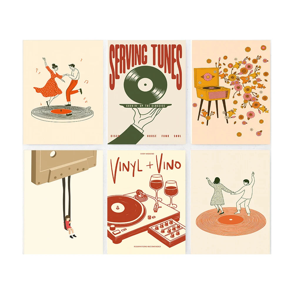 Ein Set aus vier Vintage-Blumen-Canvas-Drucken mit musikalischen Themen und stilisierten Figuren.