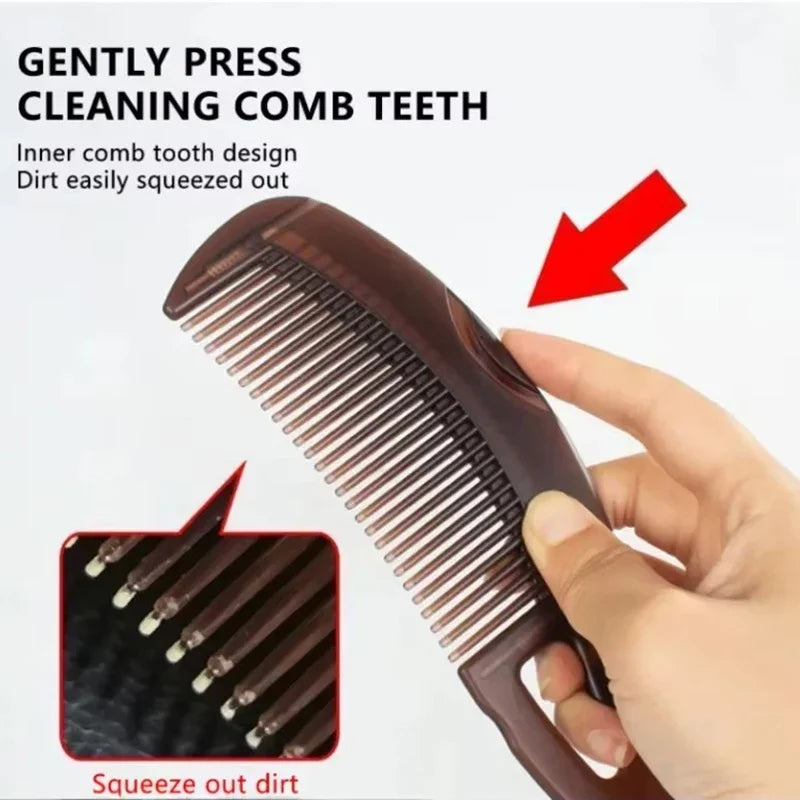 A hand gently presses the teeth of a dark brown comb to squeeze out dirt, demonstrating its cleaning function.