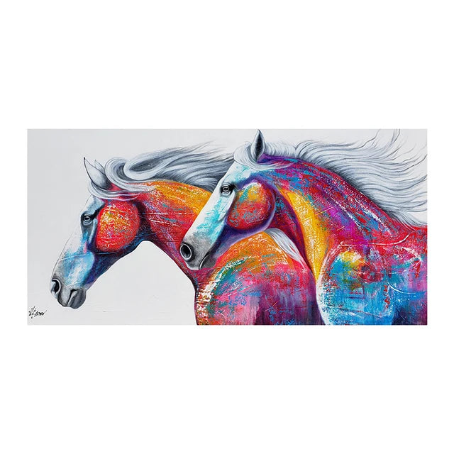 A painting of a horse's head and neck in vibrant, expressive colors like orange, pink, blue, and purple.