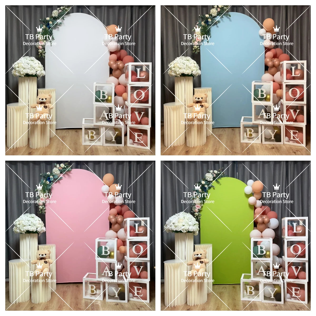 Arco de fondo elástico personalizable para eventos con decoraciones florales rosa, verde y blanca y cajas de exhibición de ma