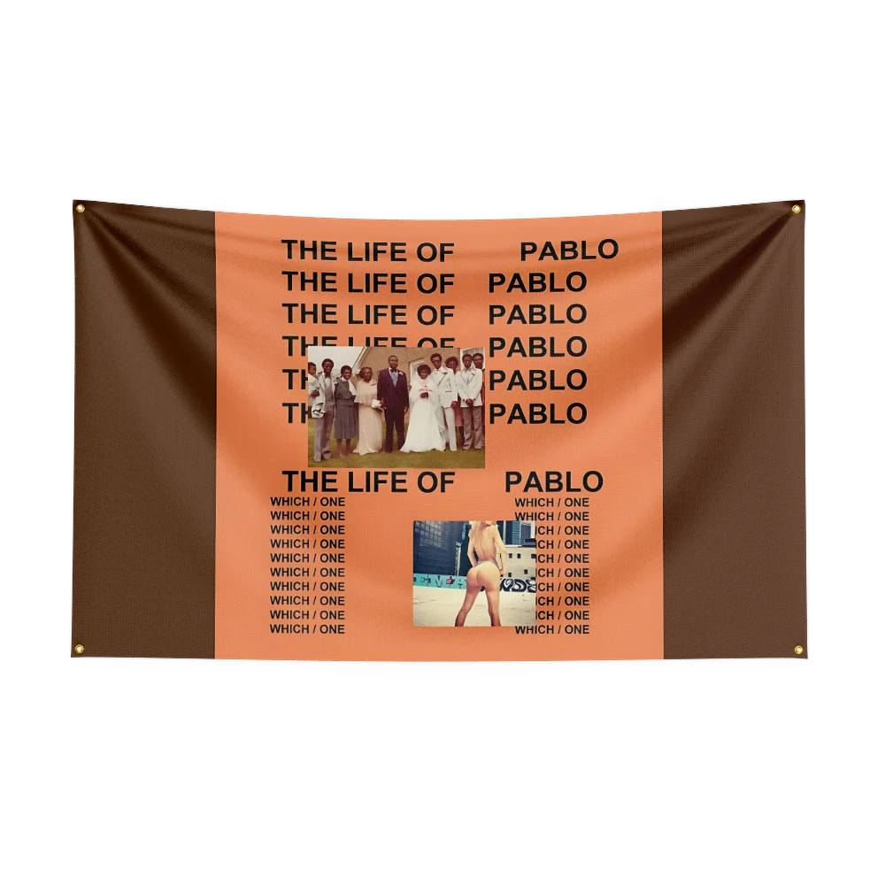 A dark brown tapestry with orange text featuring the phrase The Life of Pablo repeated multiple times and images of Pablo.