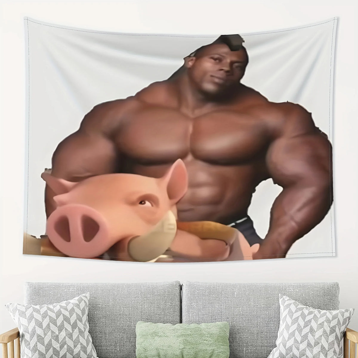 A tapestry featuring a muscular man and a pig head.