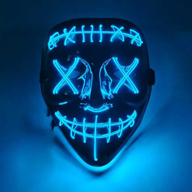A glowing blue LED mask designed with a skeletal face pattern for Halloween cosplay.
