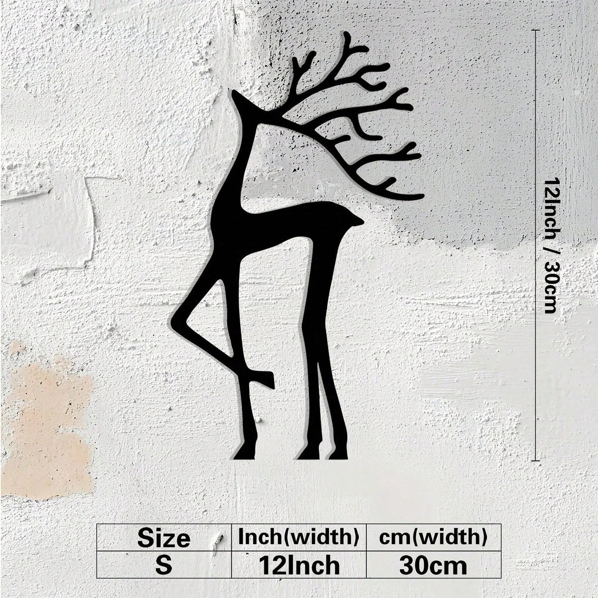 Black metal wall sculpture of a deer head silhouette with antlers, measuring 12 inches or 30 cm tall.