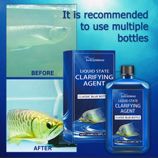 Before and after images showing the use of liquid state clarifying agent for aquarium water.