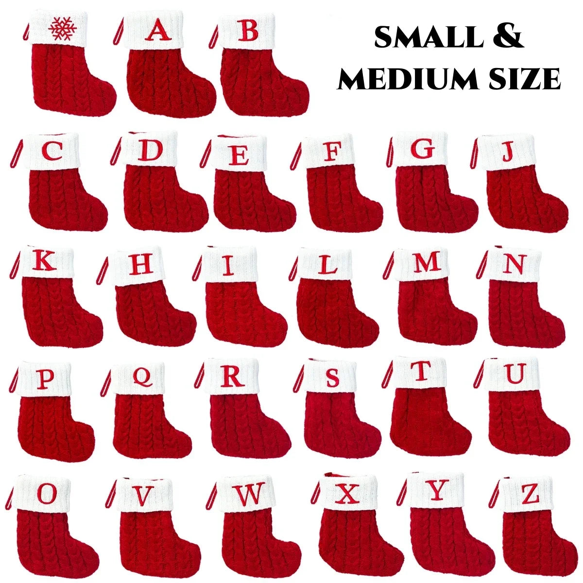 A set of red knitted alphabet socks for Christmas tree ornaments featuring letters A through Z