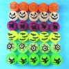 A set of ten glow-in-the-dark Halloween bouncing balls featuring various spooky faces and cats in orange, white, purple, and 