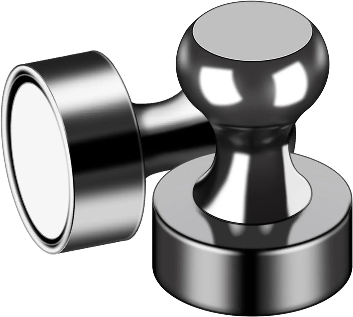 A silver magnetic sticker with a round, domed top and a cylindrical base.