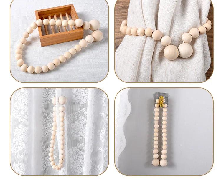 Two sets of natural wooden beads used as curtain tiebacks and hair accessories