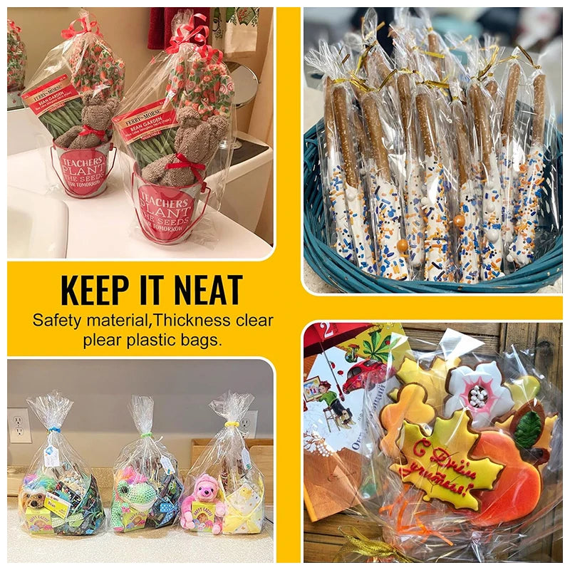 Clear cellophane gift bags filled with various candies and treats for parties