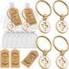 Gold cross keychains with thank you cards and organza bags for baptism party favors