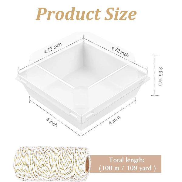 A white clear lidded paper sandwich box with dimensions 4.72 inches by 4.72 inches and a total length of 100 meters.