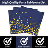 A stack of dark blue and gold disposable party tableware set with a safety and fade-resistant quality mark.