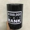 A black cylindrical piggy bank with white Japanese text reading 500,000 yen and the word BANK.