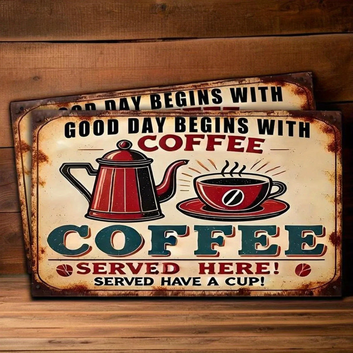 Vintage, abgenutztes Metallschild mit der Aufschrift COFFEE in rot-grüner Schrift.