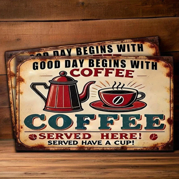 A vintage, distressed metal sign featuring the word COFFEE in red and green lettering.