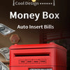 A red money box with slots for bills and a digital display showing denominations.