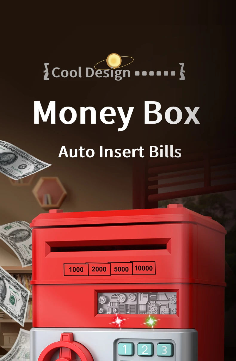 A red money box with slots for bills and a digital display showing denominations.