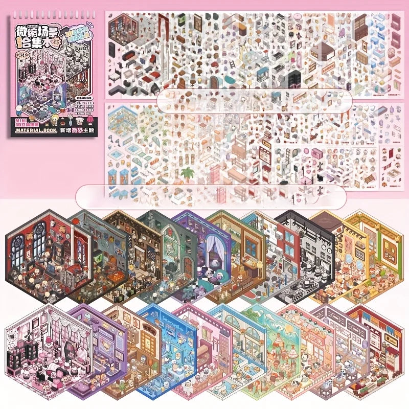 A collection of detailed miniature 3D scene stickers and illustrations for a children's sticker book.