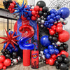 A large balloon arch featuring a spider theme with red, blue, and black balloons and a bottle.