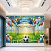 A vibrant football themed birthday backdrop banner featuring trophies, crowns, and balloons for a celebration.