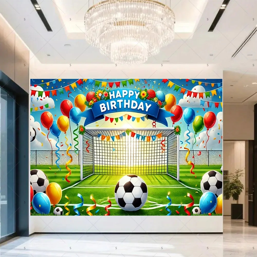 A vibrant football themed birthday backdrop banner featuring trophies, crowns, and balloons for a celebration.
