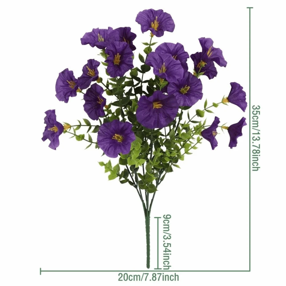 Artificial pansy flower bouquet with purple flowers and green eucalyptus stems