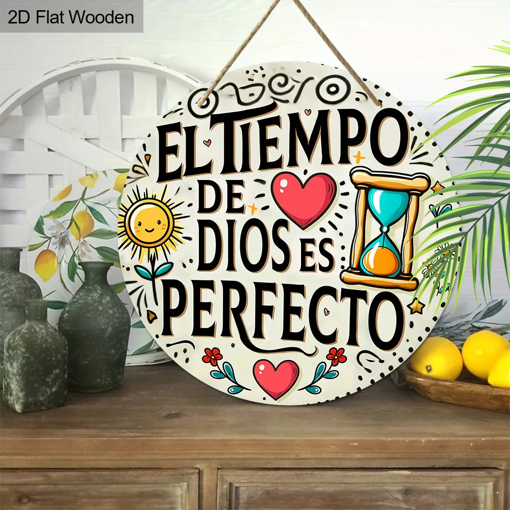 A 2D flat wooden plaque featuring the inspirational Spanish quote El tiempo de Dios es perfecto, surrounded by sun and heart 