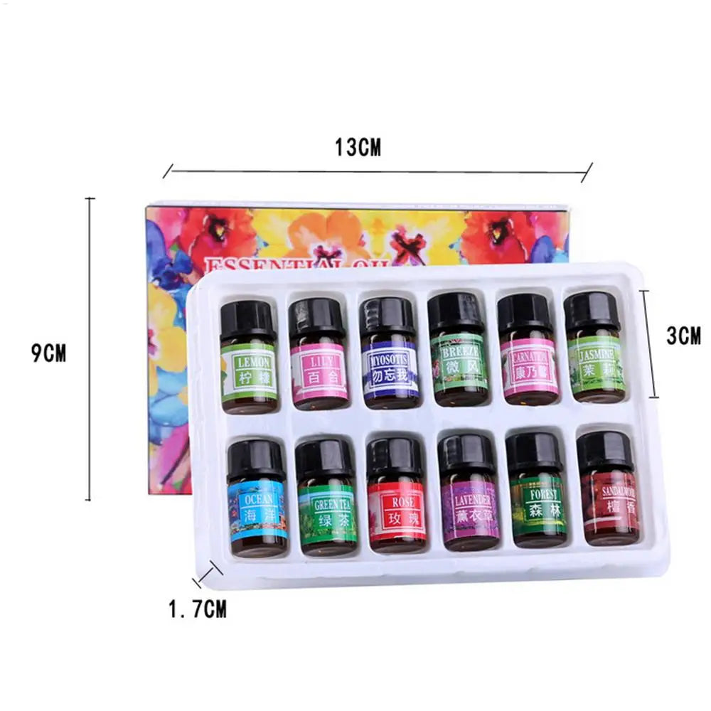 A set of essential oils in small glass bottles packaged in a white tray for aromatherapy.