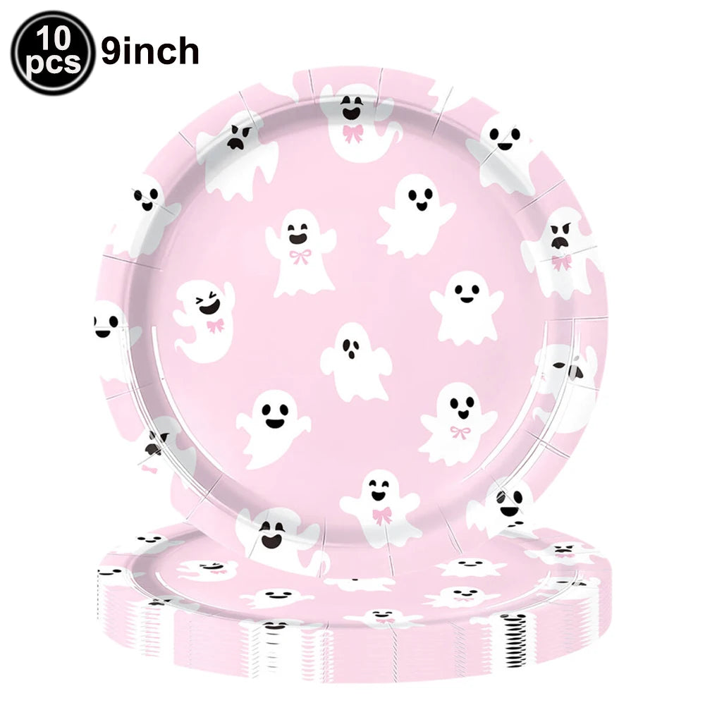 A set of 10 pink ghost Halloween party plates and napkins.
